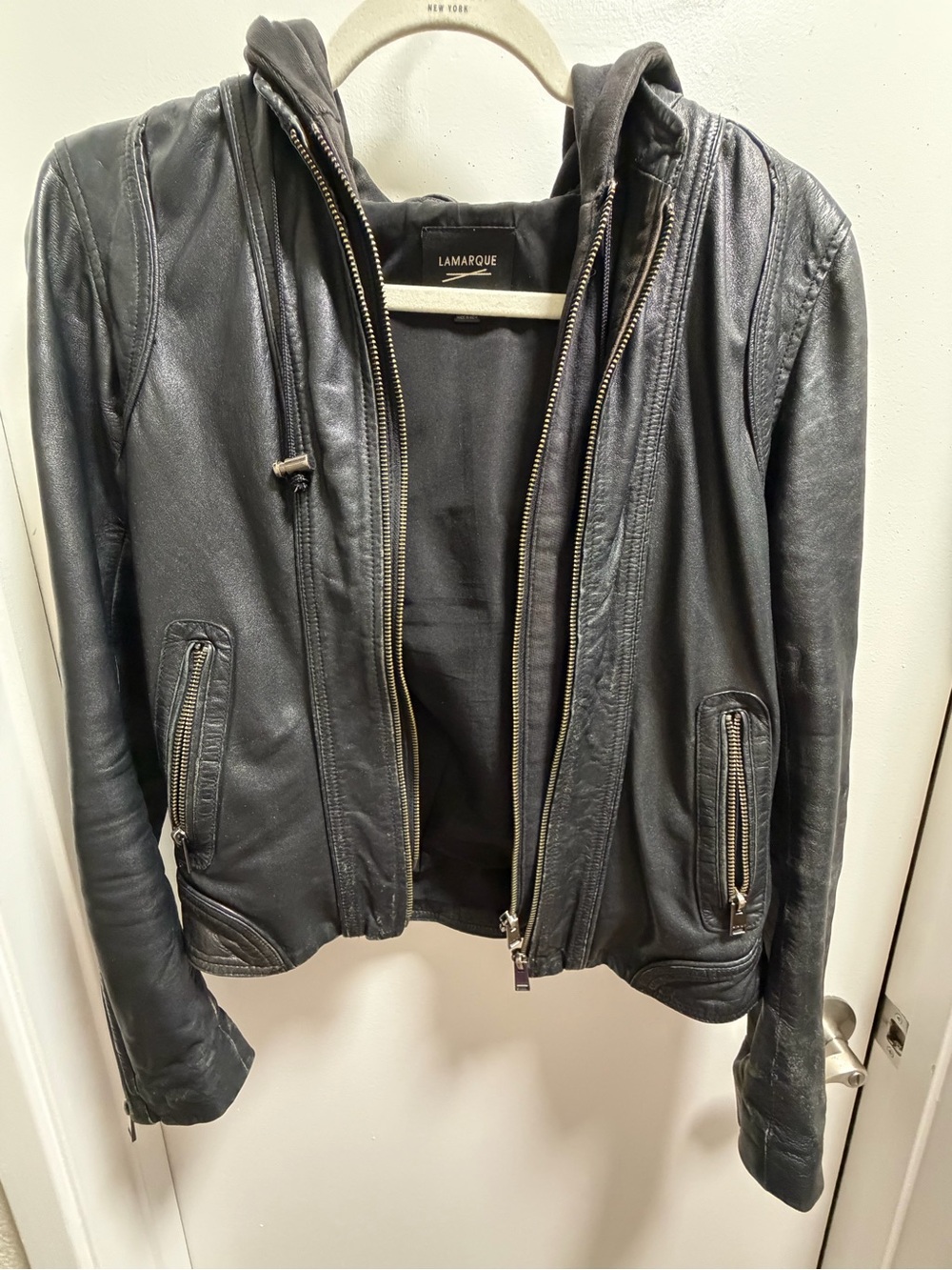 LAMARQUE Genuine Leather Hooded Moto Jacket Black XS Distressed Biker